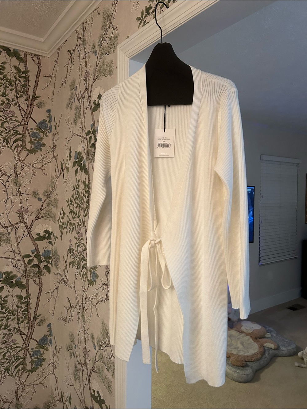 Women's Ivory Ribbed Open-Front Tie-Waist wrap dress maternity.
